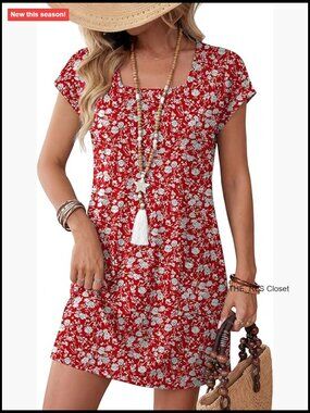 Loose Square Neck Cap Sleeve Summer Tshirt Dress with Pockets